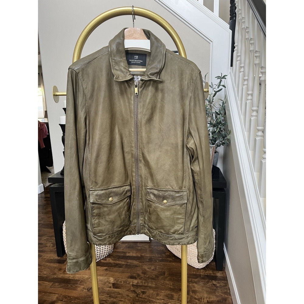 Scotch & Soda Washed Leather Aviator Bomber Jacket Olive Green L Luxury